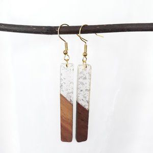 Handmade Walnut & Clear Resin Hook Earrings Long Hypo-Allergenic Gold Tone